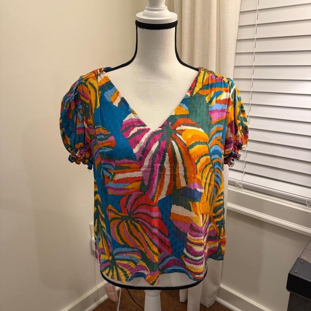 Christian Siriano New York Tropical Leaf Print Puff Sleeve V-Neck Blouse Small